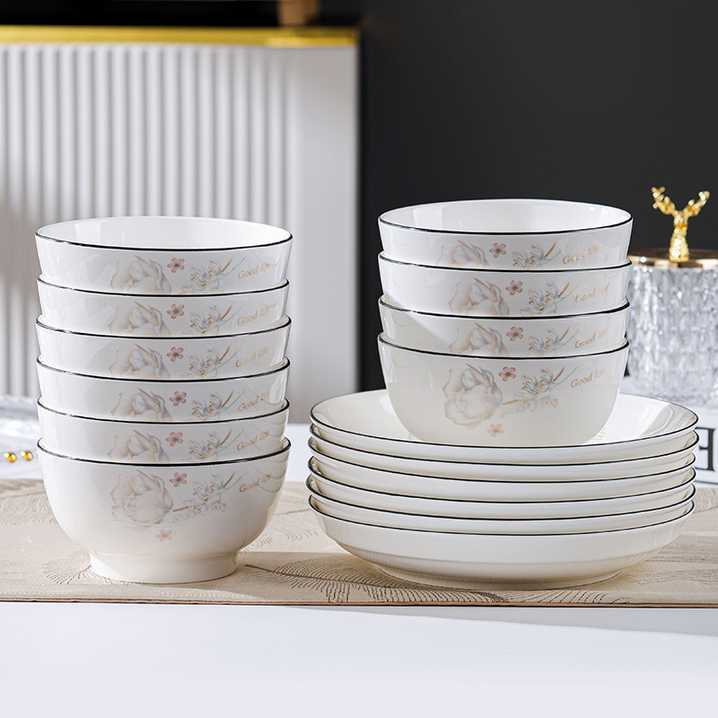 Rice Bowls for Daily Use, Set of 10, Ceramic, 5inch Bowls and Chopsticks, High Aesthetic Value, Thickened, Anti-Scalding, Standard