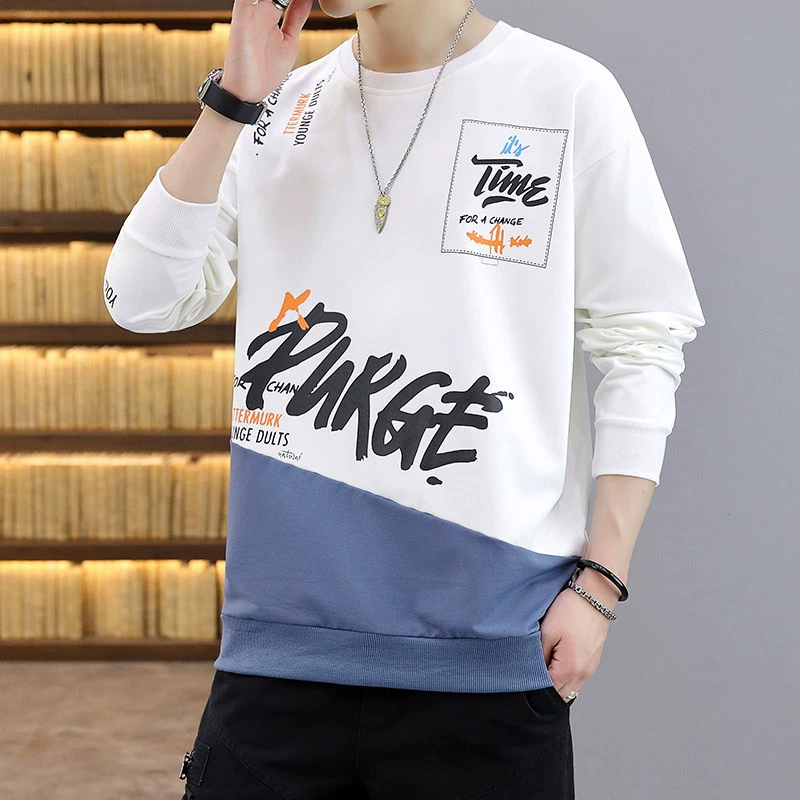 Тонкий свитер с длинным рукавом мужской 2023 весна и осень Новый круглый вырез с принтом корейская мода повседневная одежда Базовая рубашка оптом