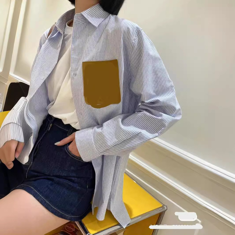 Spot Luowei Trendy Brand Long-sleeved Embroidered Stripesd Shirt Women's Leather Shirt Men's and Women's Loose Top Jacket