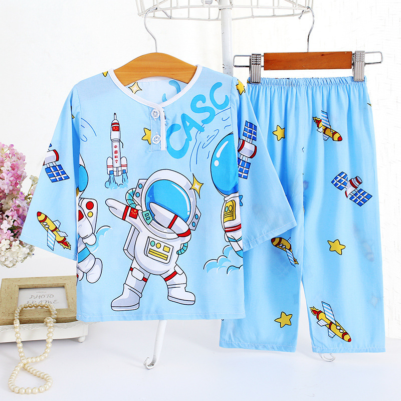 Children's Pajamas Summer Cotton Silk Long-Sleeved Thin Suit Cotton Silk Girls Baby Children Air-Conditioned Home Clothes Wholesale