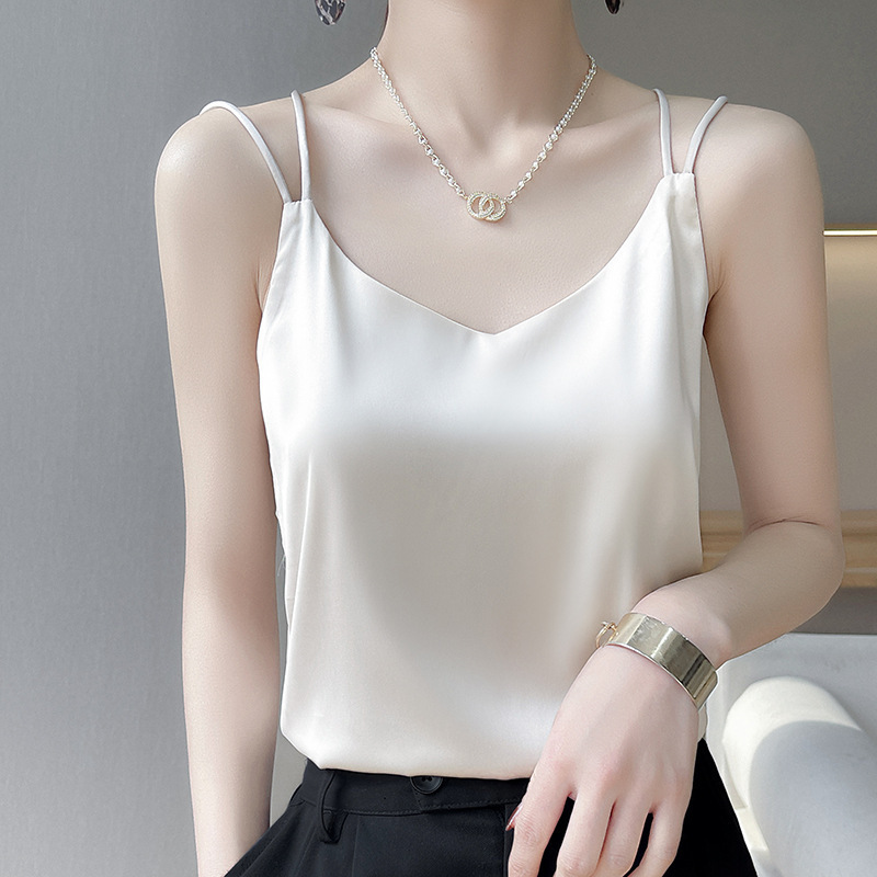 Spring, Summer and Autum New Imitation Silk Acetate Satin Sling Double Shoulder Straps Back Cross Vest Suit with Small Shirt