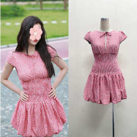 中餐厅虞书欣同款复古红色格纹短袖连衣裙夏季少女感可爱蓬蓬裙子