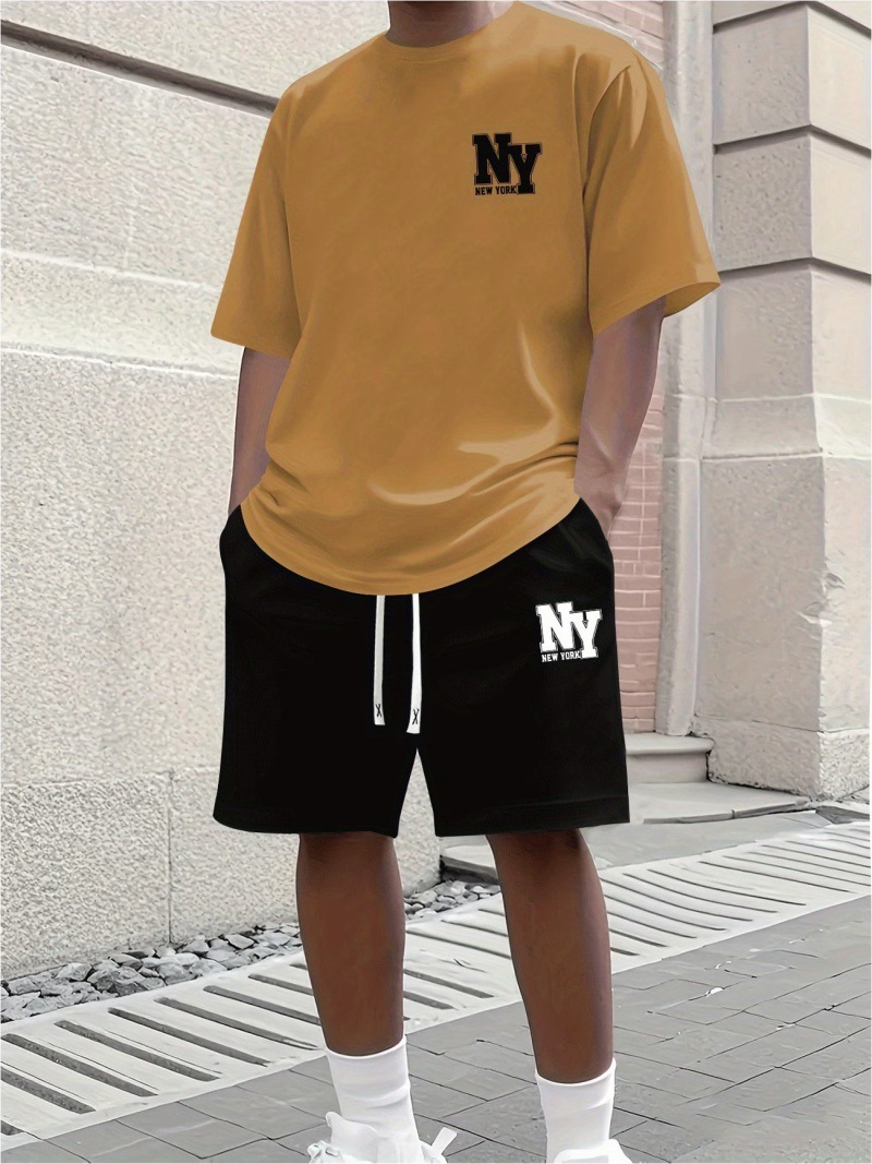 Men's Casual Summer T-Shirt & Shorts Set With NY Letter Print, Cotton Comfort Outfit_viptrois.com