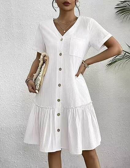 Cross-Border Amazon Popular European and American Clothing Dress Cotton and Linen Comfortable Fashion Casual Vacation Cardigan Dress for Women