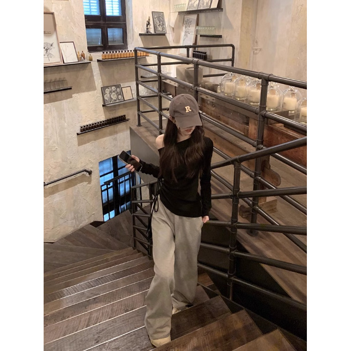 辣妹纯欲风设计感斜领打底衫长袖t恤女内搭春秋新款修身露肩上衣|undefined