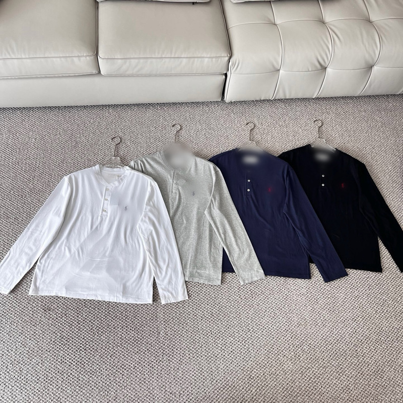 Export-ready RL washed vintage henley shirt, long-sleeved, classic with small horse embroidery logo, comfortable old money style stand-up collar top
