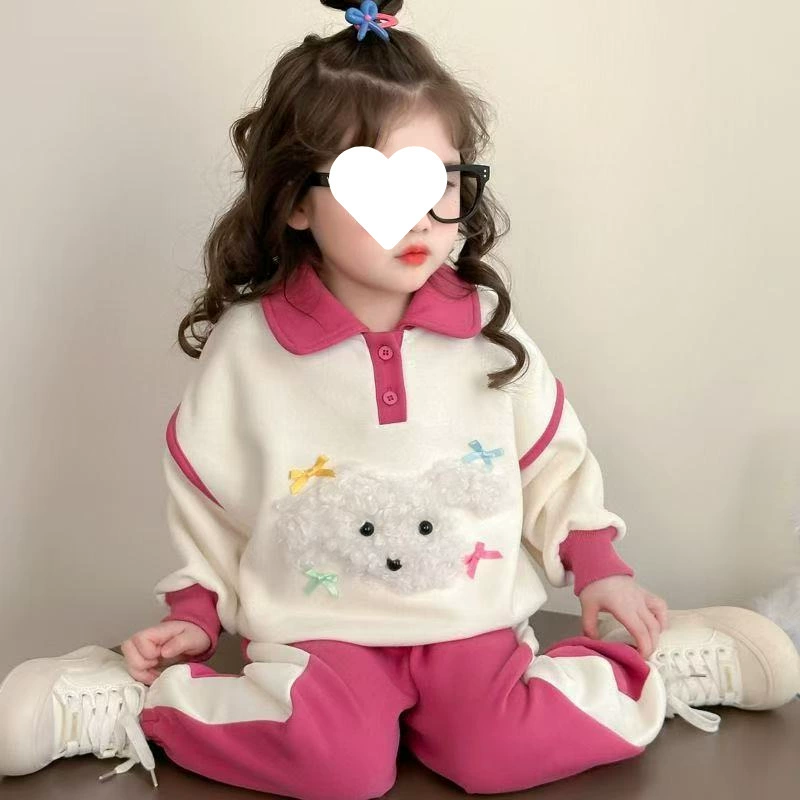 Детский спортивный костюм-двойка для девочек, поло и толстовка, повседневный стиль, мультяшный дизайн, новинка 2025 года