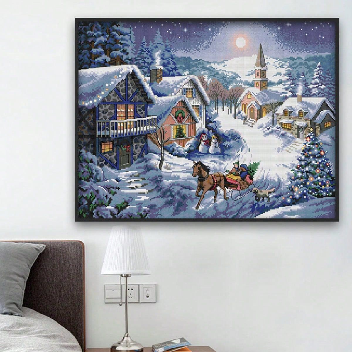 亏本清仓十字绣雪地黄昏圣诞冬景客厅小幅欧美批发手工装饰画