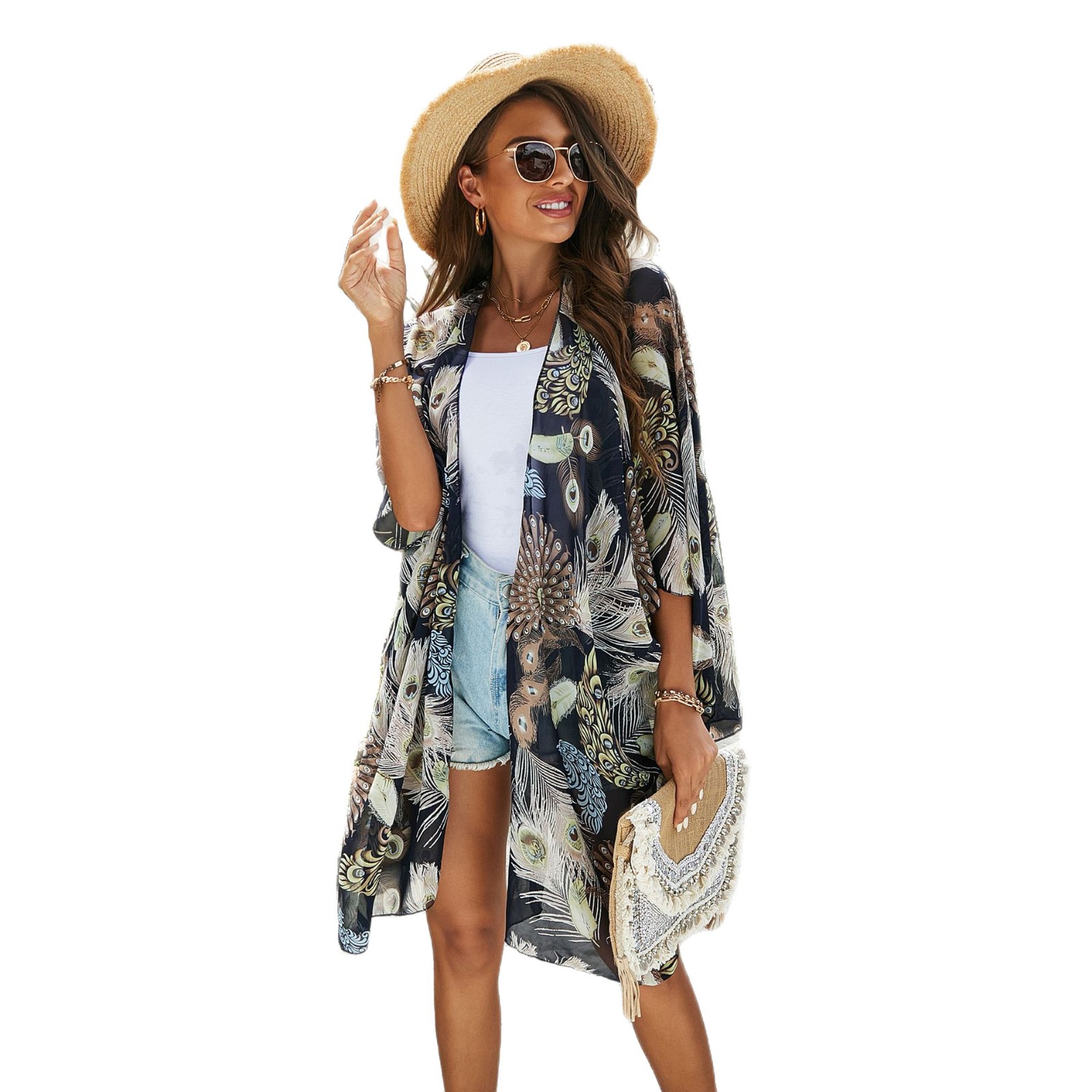 Camisa de gasa de las mujeres verano estilo coreano de moda prendas de vestir exteriores de la capa de la rebeca de las mujeres transparente playa pavo real patrón de pantalla abierta ropa de protección solar