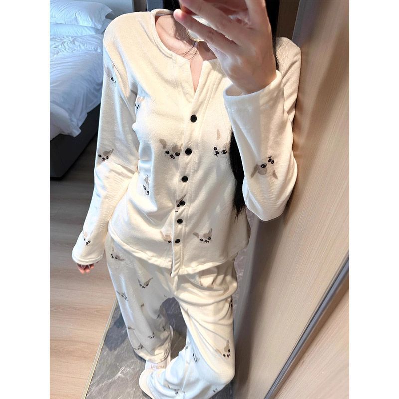 可爱卡通法斗狗德绒睡衣女款秋冬季薄绒保暖甜美学生家居服两件套|undefined