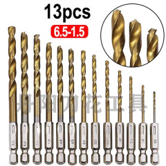 六角ハンドル 13PC ツイストドリルビットセットチタンメッキ 1.5-6.5 ミリメートルツイストドリル高速度鋼木工穴オープナー