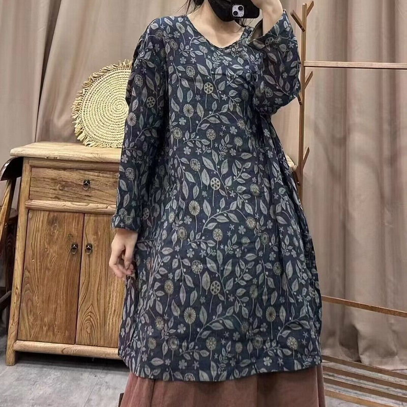 2024 Autumn Artistic Retro Niche Crewneck Pullover T-shirt Women's Medium and Long Shirt Cotton Yarn Printed Gown dress