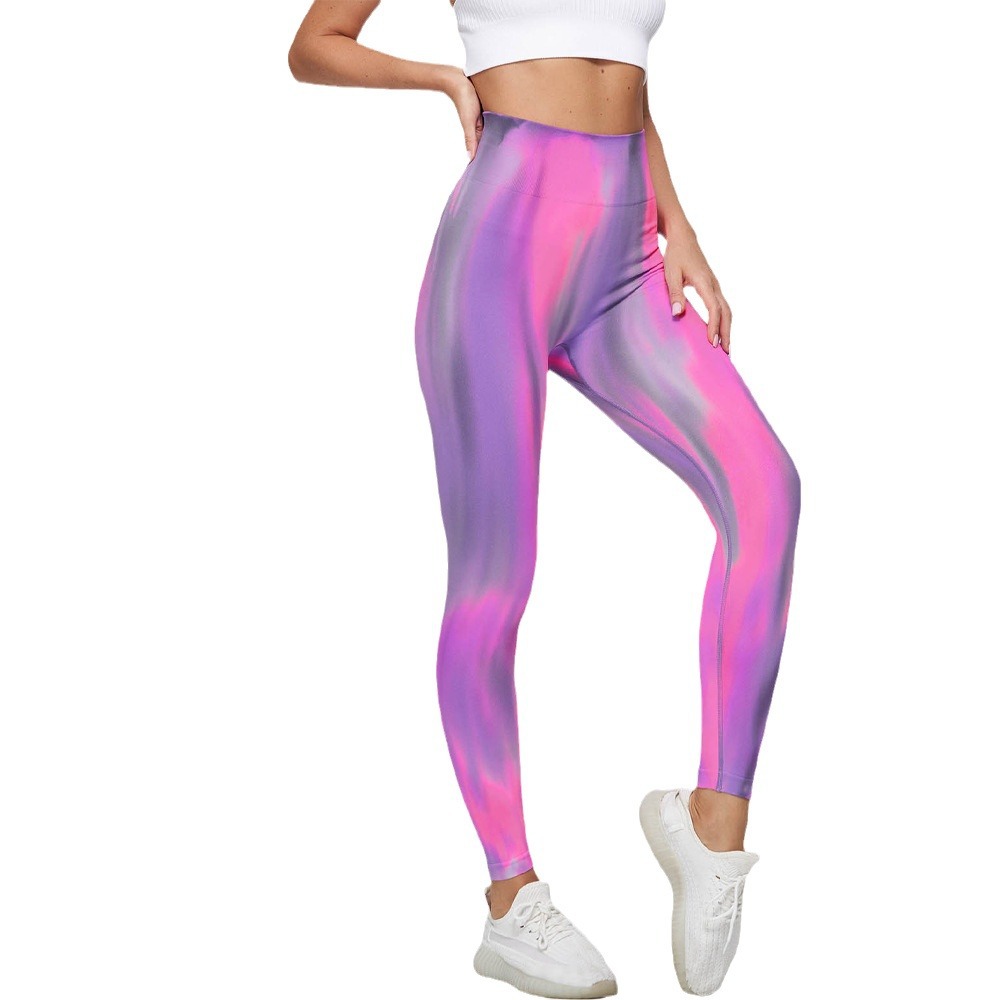 Nueva cintura alta fitness deportes yoga pantalones desgaste exterior cadera levantamiento polainas corbata teñida Aurora corriendo cadera levantamiento pantalones transpirables