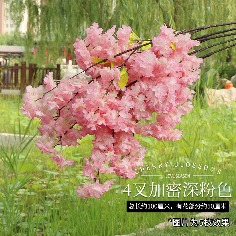 Ramas de Sakura con flores artificiales de tres puntas para decoración de interiores y exteriores en centros comerciales, ramas de flores de seda con enredaderas de cuatro puntas y tallos extendidos.