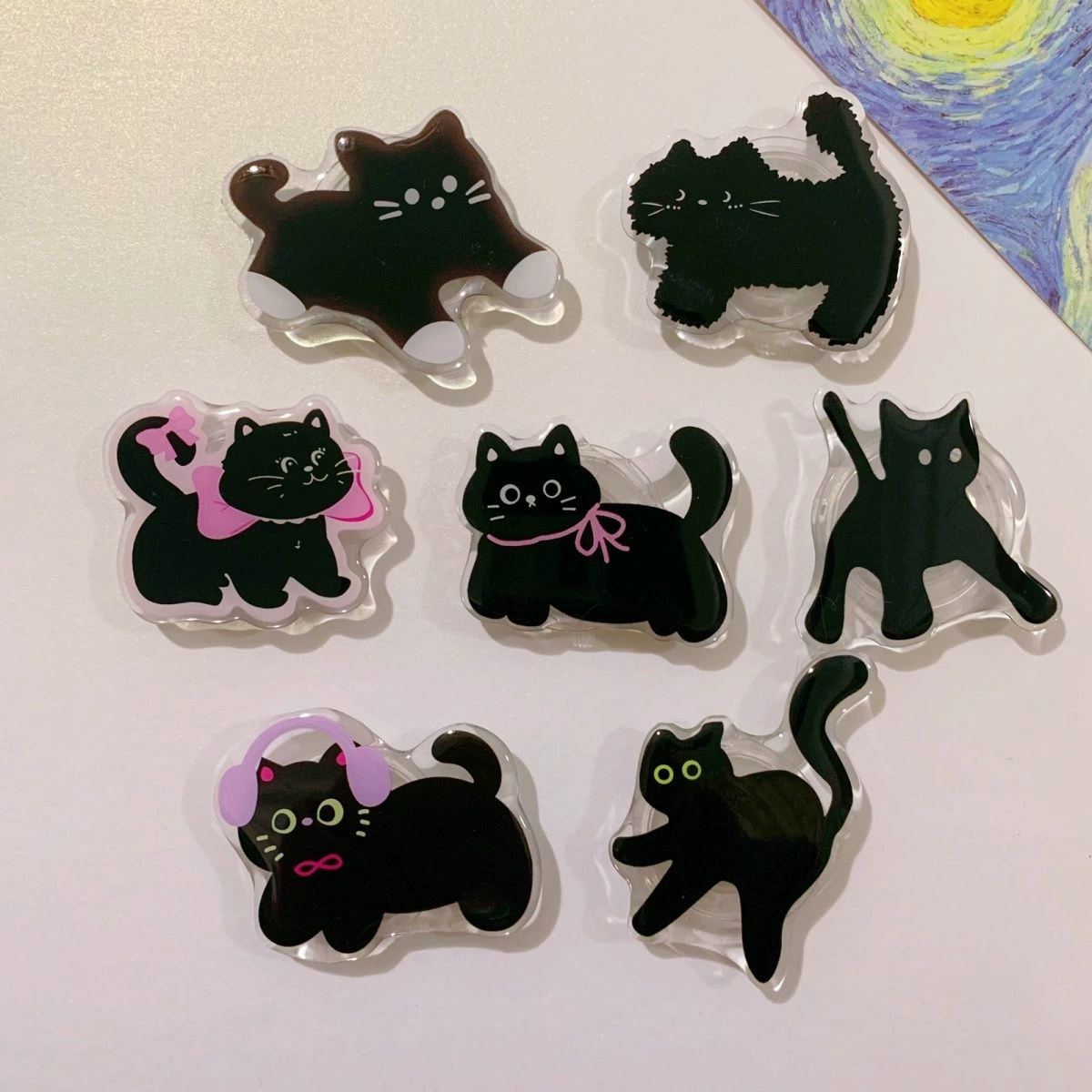 Новая универсальная подставка для телефона в виде черного мультяшного кота с выдвижной подушкой безопасности, настольная подставка из эпоксидной смолы, наклейка на заднюю панель телефона