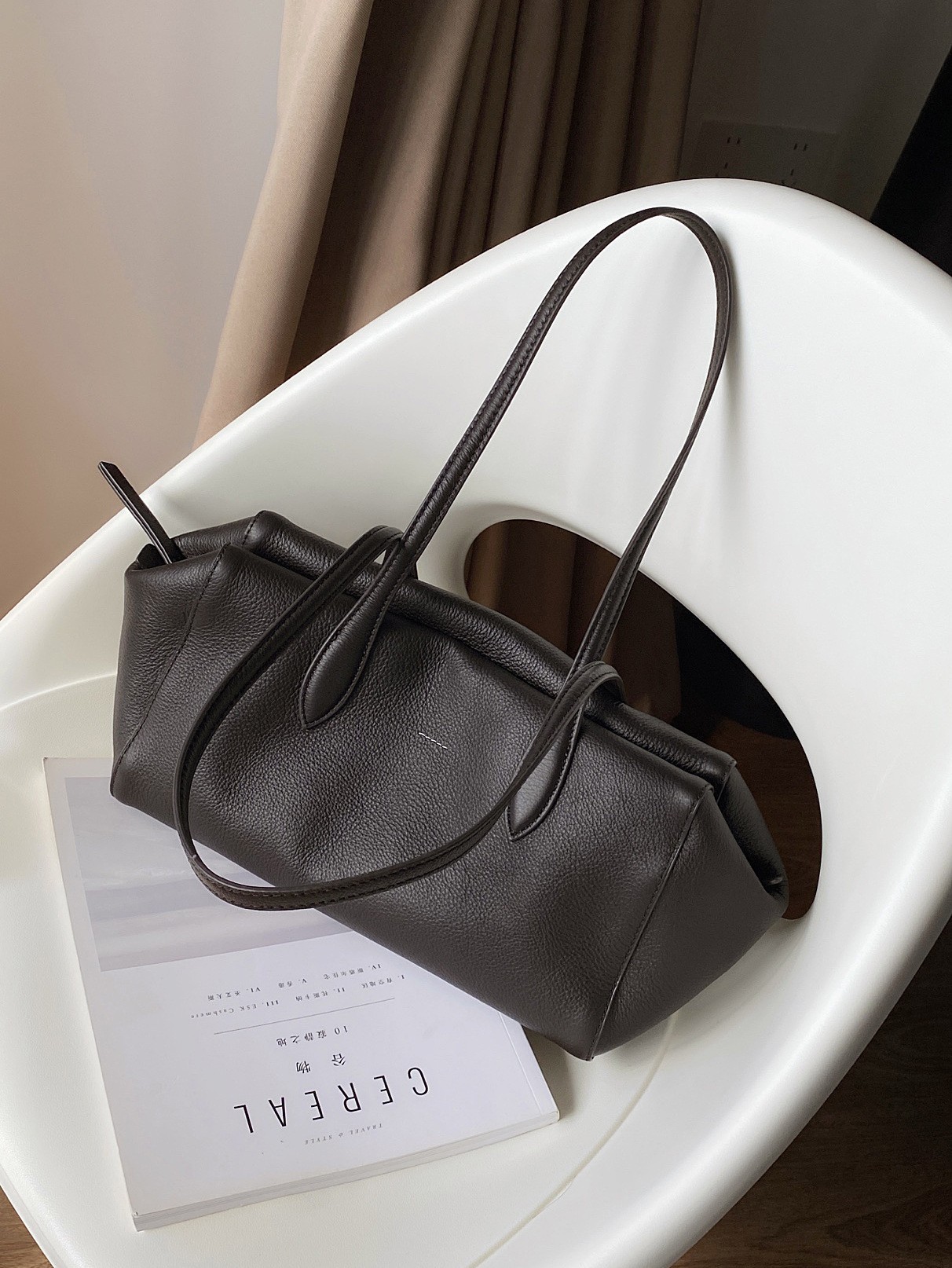 Korean Niche Top Grain Cowhide Underarm Tote Bag For Women, Fashion Genuine Leather Commuter Shoulder Handbag Boston Bag - Thumbnail 7
