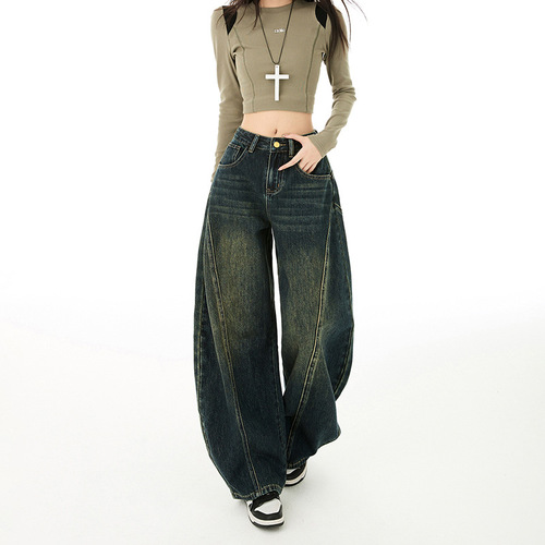 Autumn Bending Knife Pants Retro Color Casual Denim Splicing Shape Loose Wide Leg Relaxed Comfort Denim