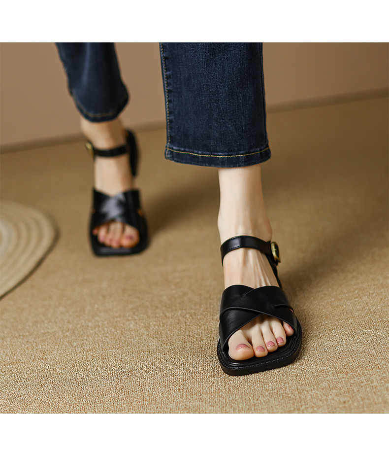 Sandal hở mũi nữ gót thấp quai ngang kiểu La Mã, size lớn 34–41 — nâu chi tiết 7