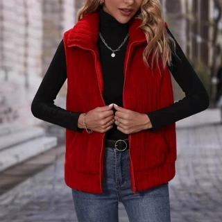欧美跨境亚马逊新款秋冬时尚开衫气质女士毛绒格子大码马甲外套女