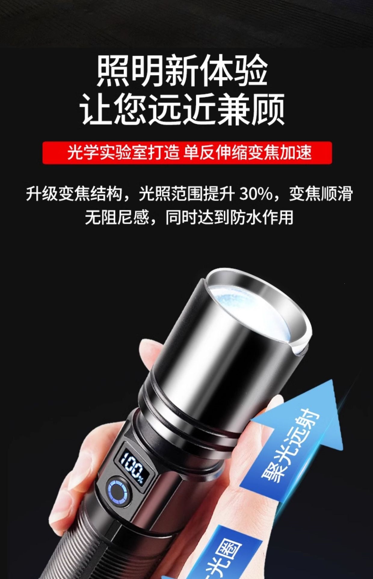 RuiNi high-brightness rechargeable flashlight, ultra-bright laser, portable, durable for outdoor patrol and home use, long-range beam