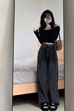 大码复古垂感牛仔裤女胖妹妹秋季设计感宽松百搭直筒拖地裤子ins