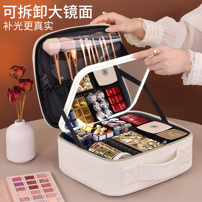 亚马逊LED灯带镜子化妆包大容量多功能化妆刷化妆品收纳包化妆箱|undefined