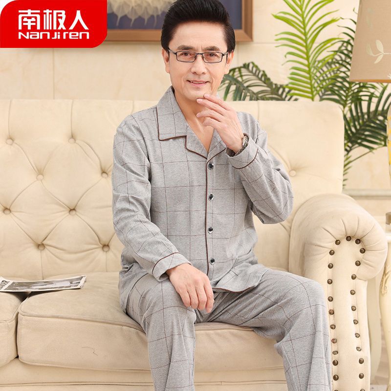 Pijamas de hombre primavera y otoño de mediana edad 100% algodón de manga larga de mediana edad y anciano papá más tamaño traje de homewear