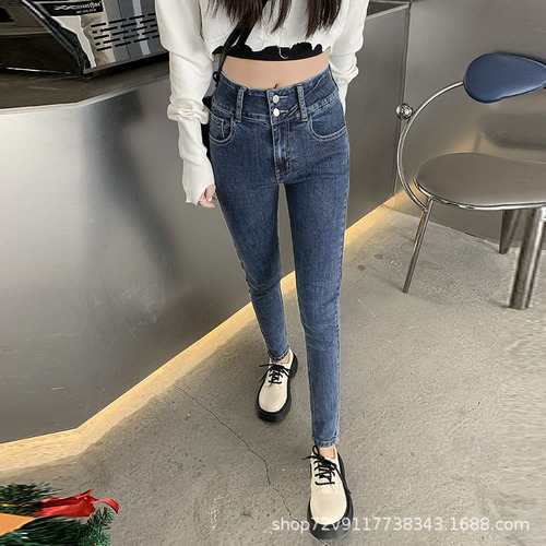 Blue-gray denim jeans for women, high-waisted, slimming,  autumn/winter new fleece-lined stretchy skinny pencil pants.