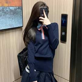 tb学院风假两件POLO领针织衫女秋冬季新款设计感蝴蝶结套头毛衣