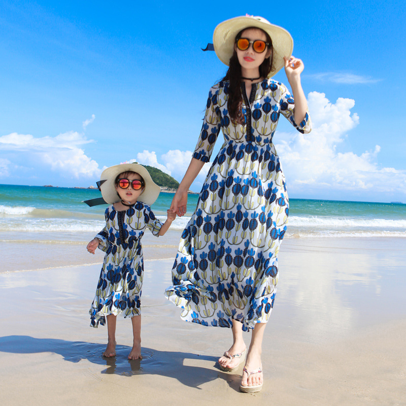 海边度假母女装沙滩裙洋气显瘦亲子装连衣裙雪纺显瘦旅游出游长裙