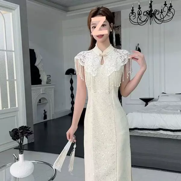 New lace pearl shawl with tassels, versatile for Hanfu and cheongsam, women's summer Chinese style retro high-end cloud shoulder shawl