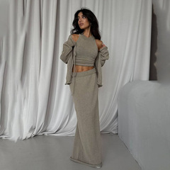 跨境早秋毛衣背心三件套女高级感小众绑带收腰开衫背心包臀裙套装
