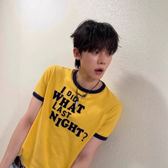 高版本ERL25SS植绒标语黑黄撞色字母短袖男女情侣同款休闲旅游T恤