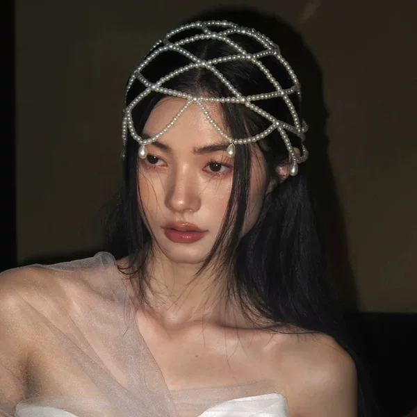 Japanese and Korean Bride Pearl Water Drop Hat Hair Accessories High-grade Exaggerated Handmade Beaded Style Photo Wedding Accessories