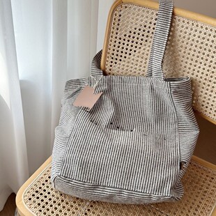 New Classic Versatile Open Design Printed Logo Striped Shoulder Bag Shopping Bag Canvas Bag Trendy Elements