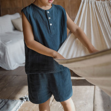 无袖背心透气棉纱套装 夏季男女宝宝舒适圆领上衣+松紧腰休闲短裤