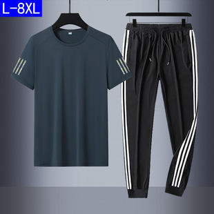Large Size Summer Short-Sleeved Trousers Suit Men's Three-Stripe Sports Casual Ice Silk Trousers Suit Men's Running Casual