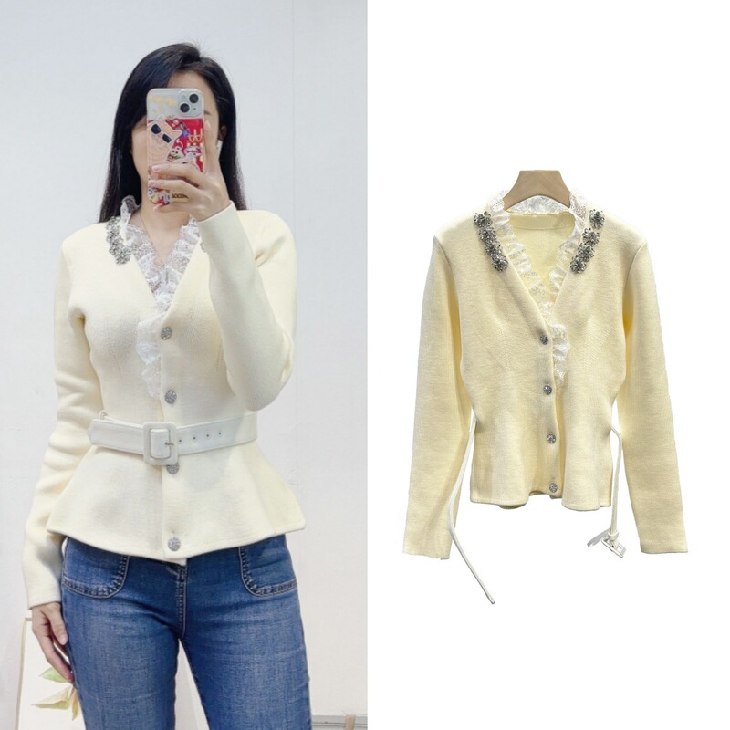 2026 Early Autumn Women's French-Style Light Luxury Rhinestone Lace Collar Belted Waist-Cinching Long-Sleeve Knit Cardigan for Women 2026 Early Autumn Women's French-Style Light Luxury Rhinestone Lace Collar Belted Waist-Cinching Long-Sleeve Knit Cardigan for Women