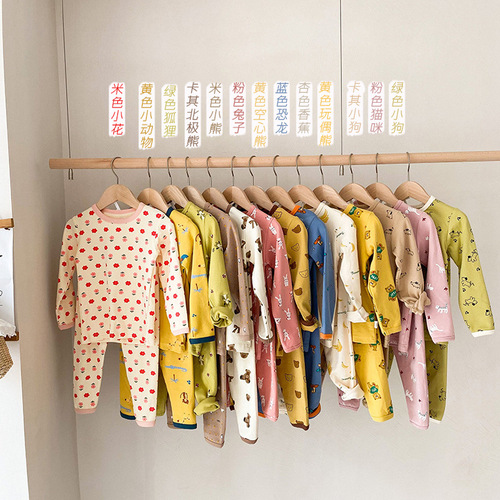 Children's autumn and winter cartoon wool pull-up home clothes baby round neck underwear boys and girls pajamas autumn clothes suit trendy