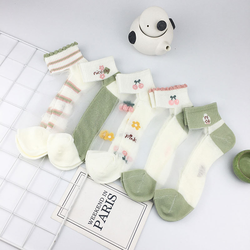 Silk stockings women spring and summer thin shallow green cotton bottom breathable short socks glass crystal ice silk boat Socks wholesale