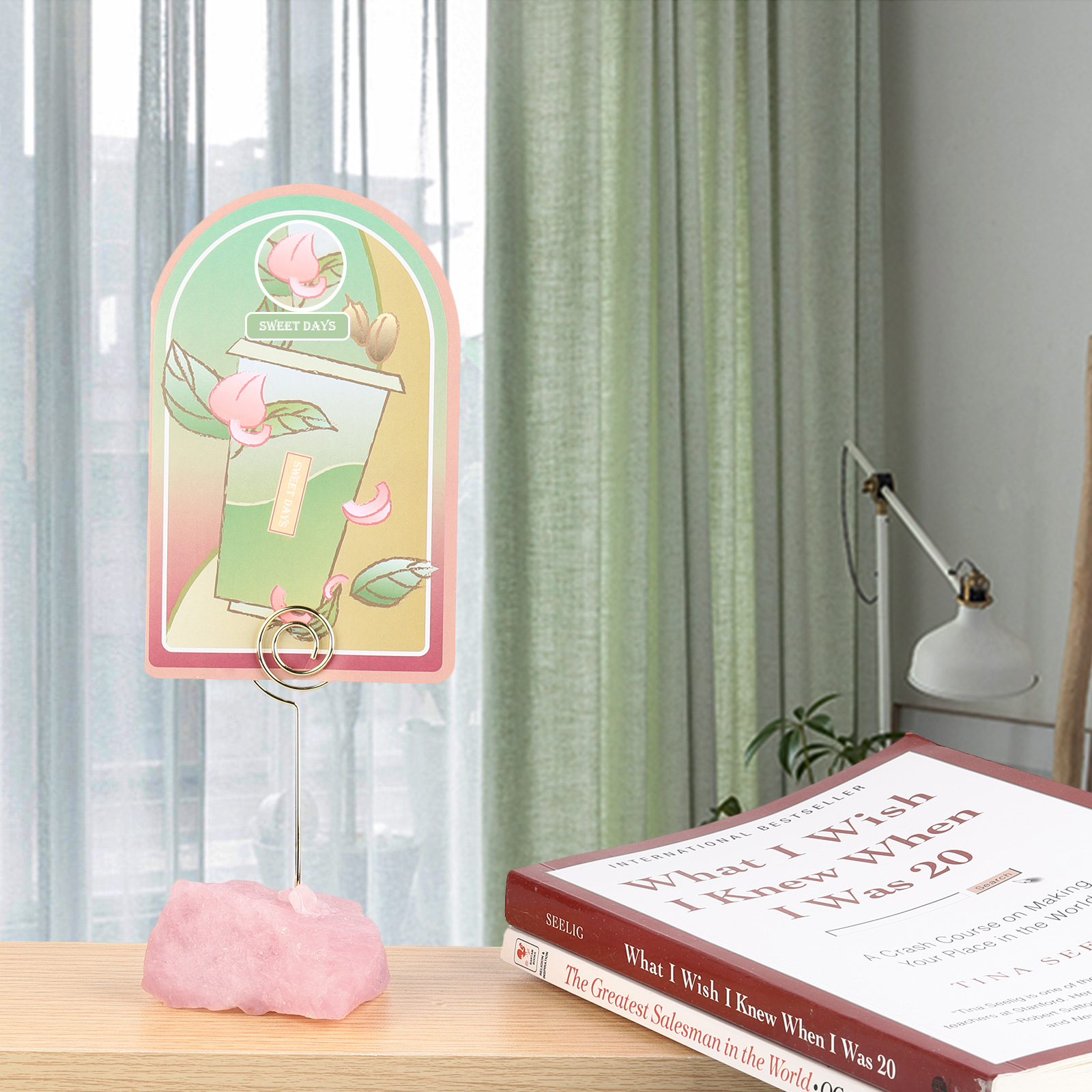 天然粉晶原石底创意金属图案便签夹 立式ins风简约卡片留言照片夹 undefined