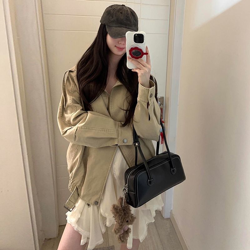 Korean-style loose-fitting, retro, all-in-one set featuring a stand-up collar, long-sleeved windbreaker coat, and a new autumn/winter camisole dress for women