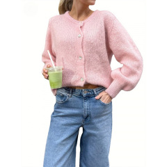 Solid Color Lightweight Crew Neck Knit Cardigan Sweater跨境