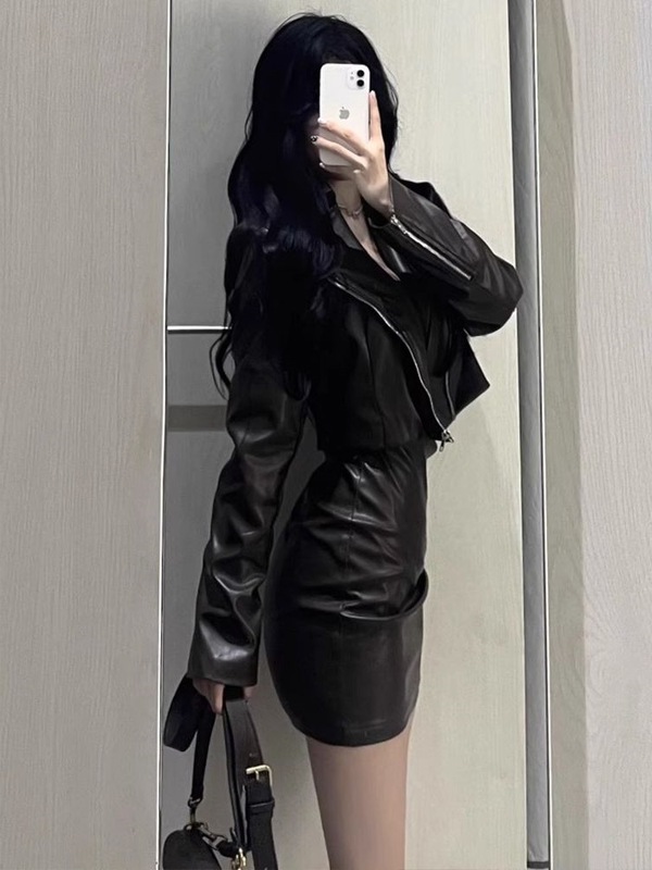 套装女2025秋季新款辣妹短款皮衣外套夹克吊带连衣裙显瘦包臀裙潮|undefined