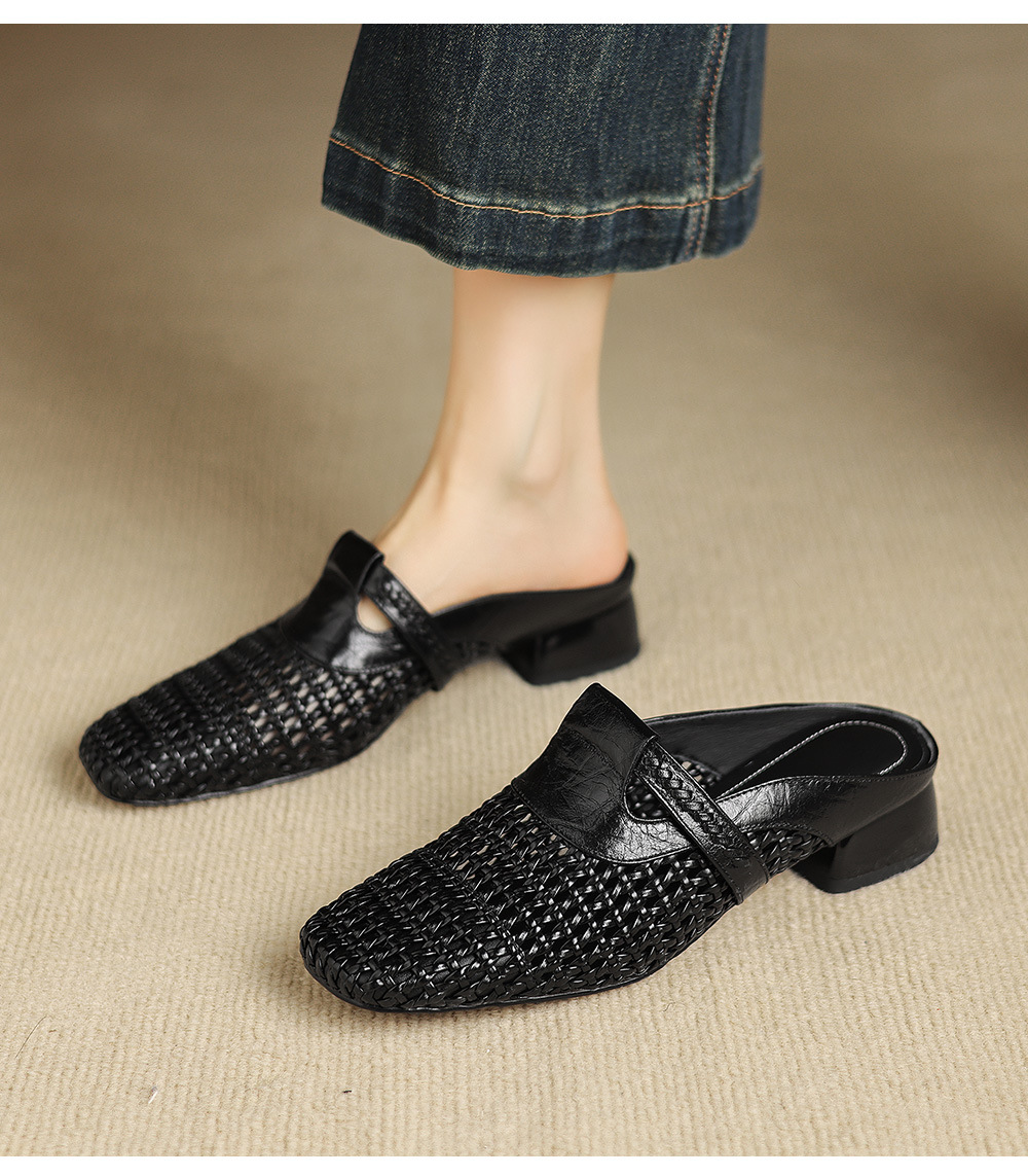 Dép sandal nữ quai chữ V đan dệt, gót thấp 3 cm, phong cách vintage — đen chi tiết 8