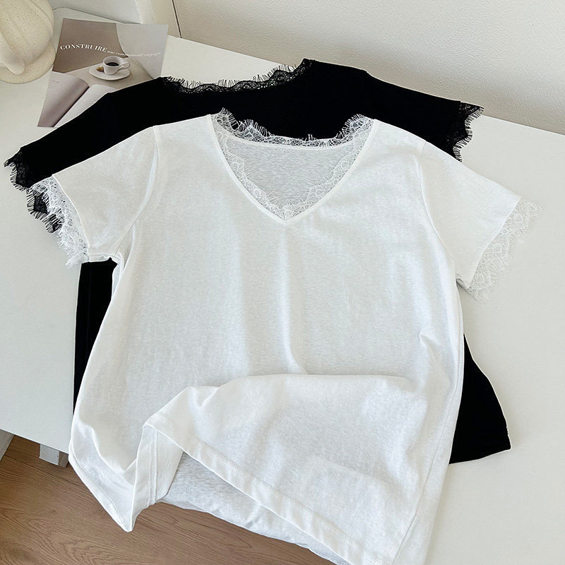 Korean Style Eyelash Lace Splicing V-Neck Short-Sleeved T-Shirt for Women, New Summer Style, Loose and Versatile, Solid Color Slimming Top Korean Style Eyelash Lace Splicing V-Neck Short-Sleeved T-Shirt for Women, New Summer Style, Loose and Versatile, Solid Color Slimming Top