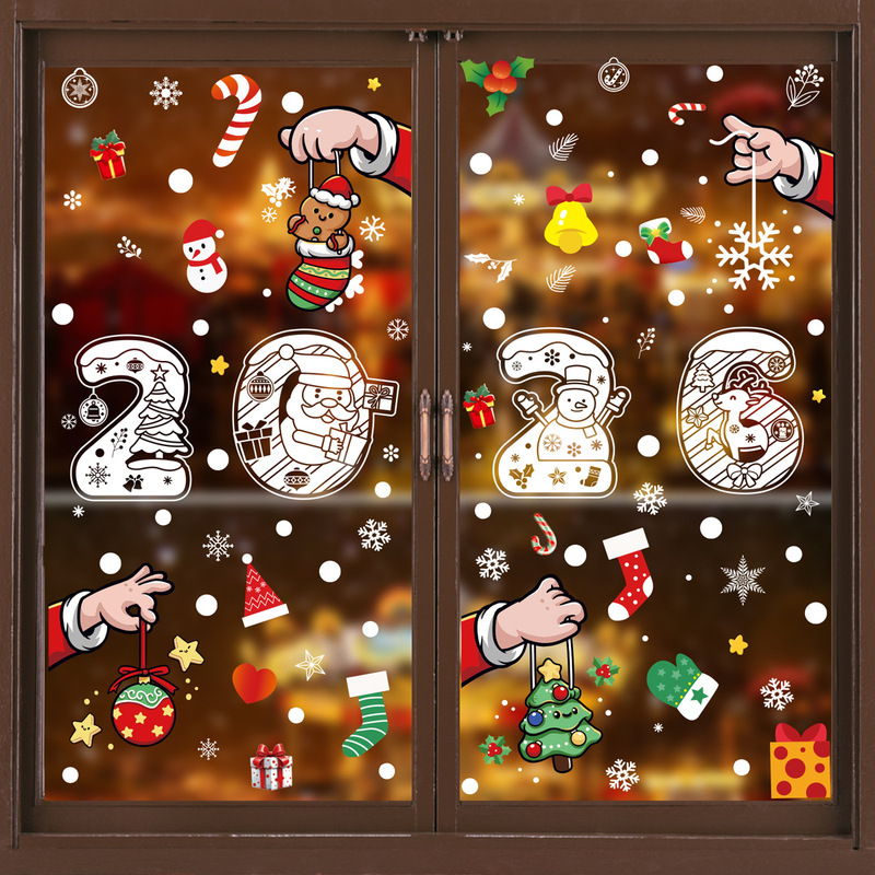 メリークリスマスステッカークリスマス製品ホワイトスノーフレーク静電ステッカーサンタヘラジカ雪だるまウィンドウステッカー卸売|undefined
