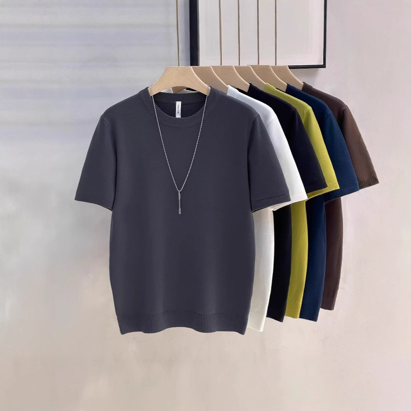 Foreign Trade 2025 Large Size 8XL Spring & Fall Velvet Knitted Men's Short-Sleeved Shirt Round Neck Pure Color Bottoming Simple Work Clothing 150kg