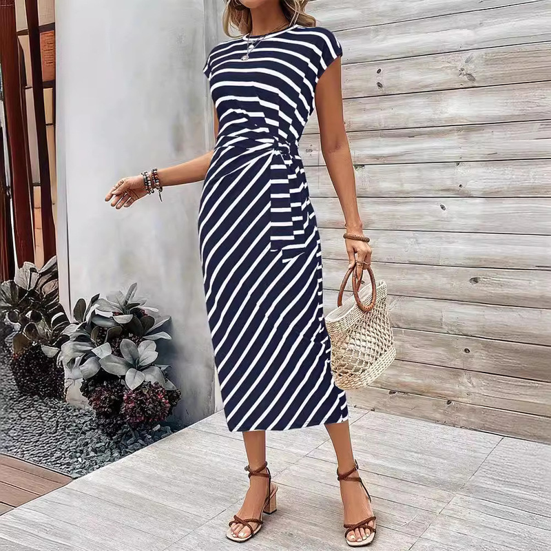 Cross-border elegant waist strap striped crew neck short sleeve long dress summer women's dress