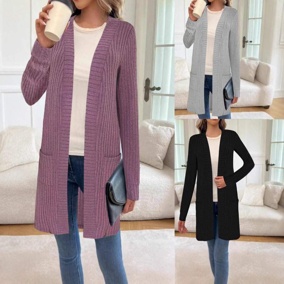 亚马逊欧美跨境大码女装秋冬长款纯色长袖宽松口袋开衫外套针织衫